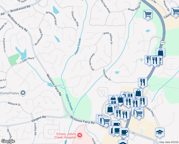 map of restaurants, bars, coffee shops, grocery stores, and more near 7115 Fawn Lake Dr in Alpharetta