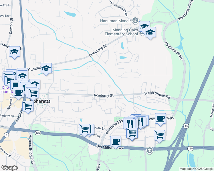 map of restaurants, bars, coffee shops, grocery stores, and more near 1031 Poplar Ridge Run in Alpharetta