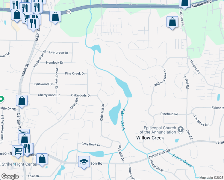 map of restaurants, bars, coffee shops, grocery stores, and more near 1495 Olde Mill Trce in Woodstock