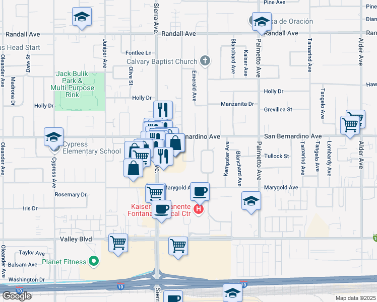map of restaurants, bars, coffee shops, grocery stores, and more near 16975 San Bernardino Avenue in Fontana