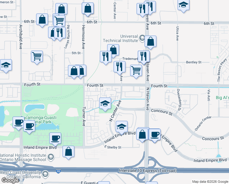 map of restaurants, bars, coffee shops, grocery stores, and more near 1005 North Center Avenue in Ontario