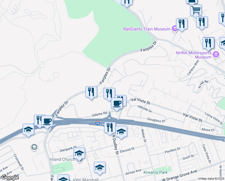 map of restaurants, bars, coffee shops, grocery stores, and more near 1628 Vía Estrella in Pomona