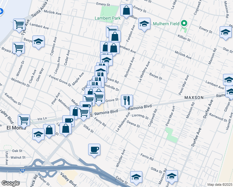 map of restaurants, bars, coffee shops, grocery stores, and more near 4033 Richwood Avenue in El Monte