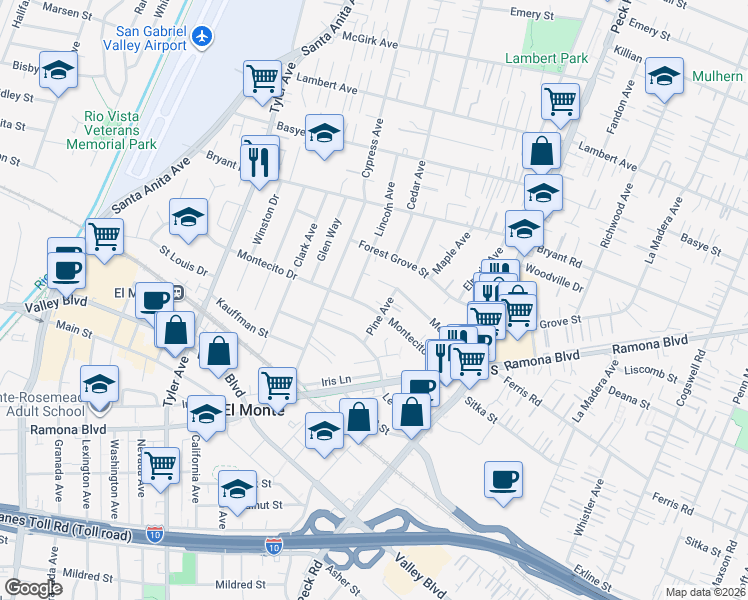map of restaurants, bars, coffee shops, grocery stores, and more near 3816 Lincoln Avenue in El Monte