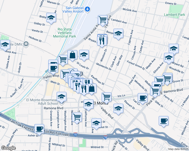 map of restaurants, bars, coffee shops, grocery stores, and more near 3710 Tyler Avenue in El Monte