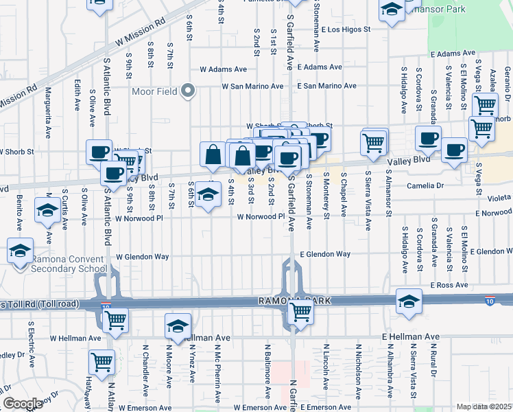 map of restaurants, bars, coffee shops, grocery stores, and more near 1504 South 3rd Street in Alhambra