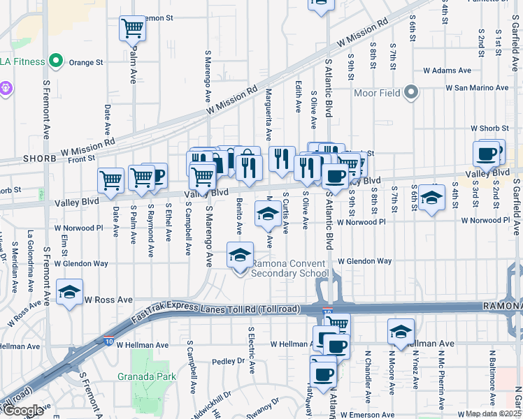 map of restaurants, bars, coffee shops, grocery stores, and more near 1417 Marguerita Avenue in Alhambra