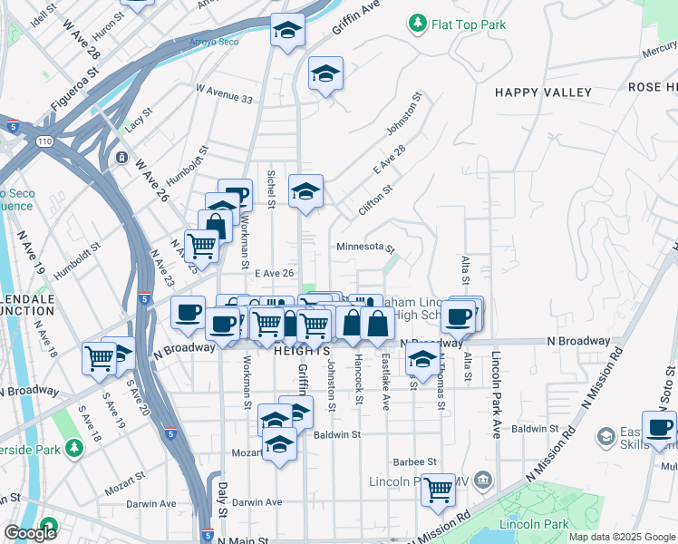 map of restaurants, bars, coffee shops, grocery stores, and more near 2549 Johnston Street in Los Angeles