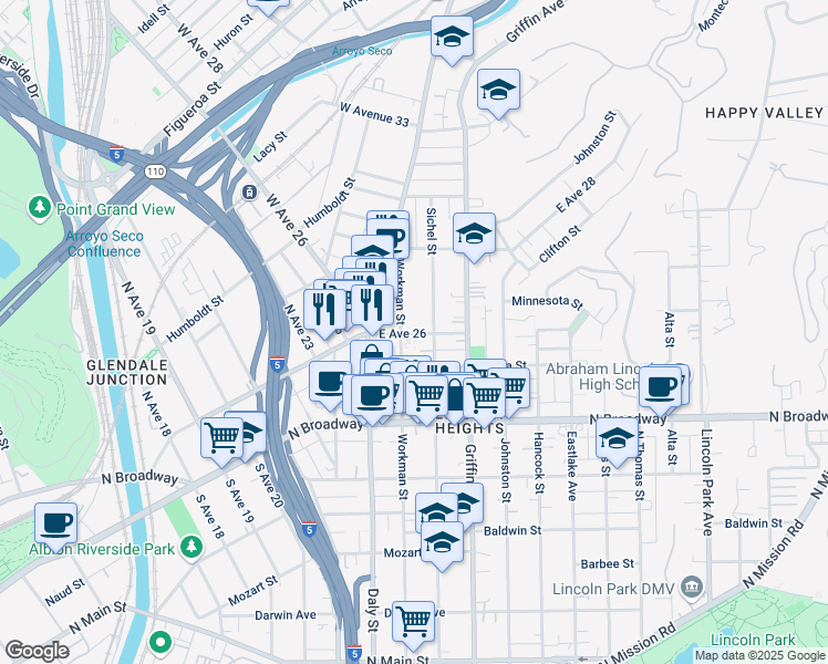 map of restaurants, bars, coffee shops, grocery stores, and more near 2615 Sichel Street in Los Angeles