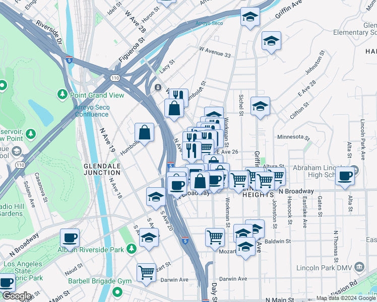 map of restaurants, bars, coffee shops, grocery stores, and more near 140 North Avenue 23 in Los Angeles