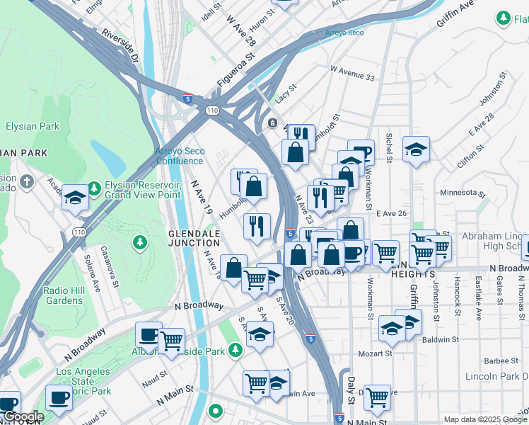 map of restaurants, bars, coffee shops, grocery stores, and more near 184-198 North Avenue 21 in Los Angeles
