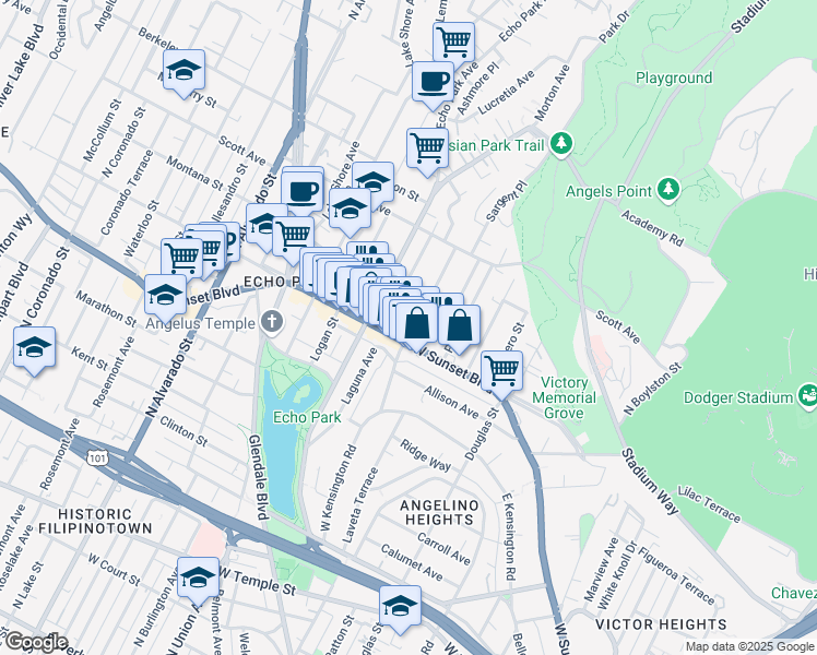 map of restaurants, bars, coffee shops, grocery stores, and more near 1349 Laveta Terrace in Los Angeles