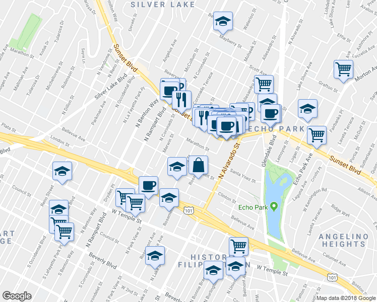 map of restaurants, bars, coffee shops, grocery stores, and more near 855 Waterloo Street in Los Angeles