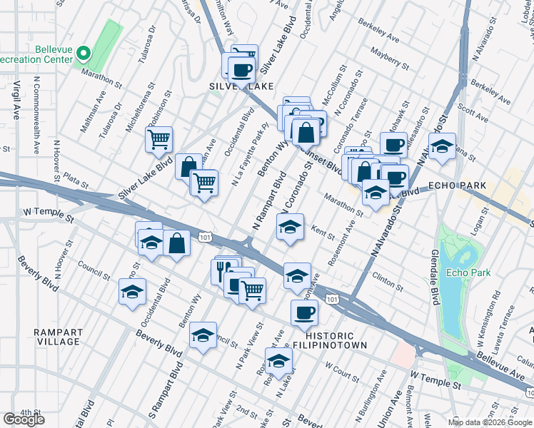 map of restaurants, bars, coffee shops, grocery stores, and more near 2600 Kent Street in Los Angeles