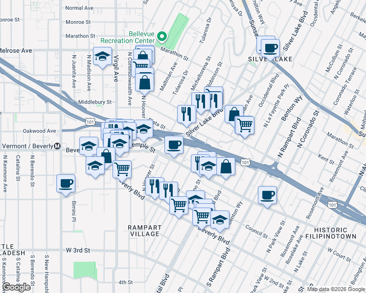 map of restaurants, bars, coffee shops, grocery stores, and more near 341 North Dillon Street in Los Angeles