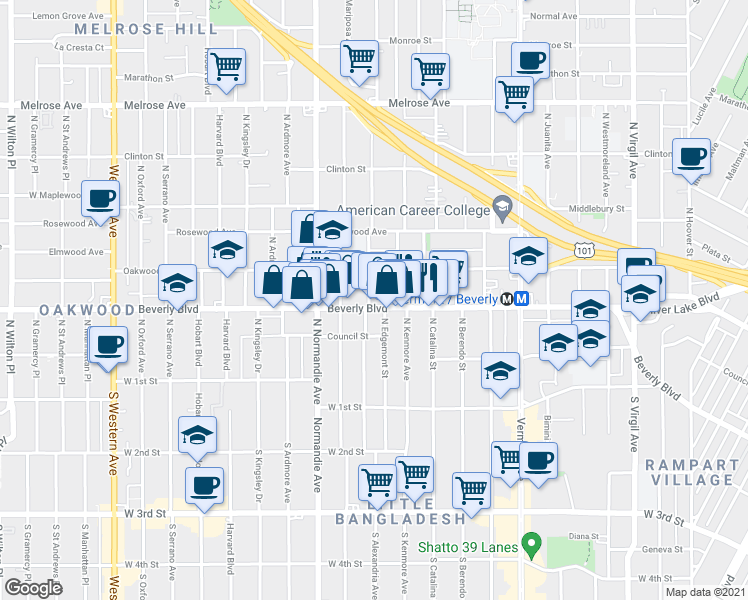 map of restaurants, bars, coffee shops, grocery stores, and more near 321 North Kenmore Avenue in Los Angeles