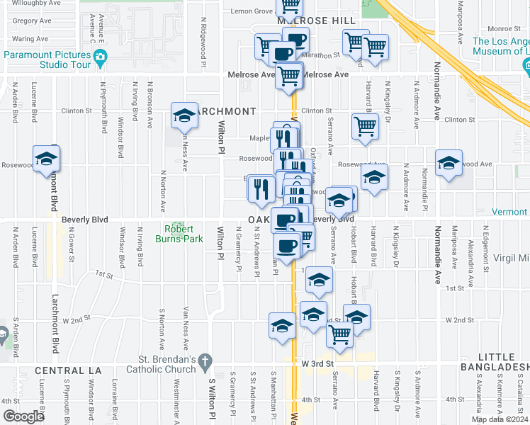 map of restaurants, bars, coffee shops, grocery stores, and more near 4754 Oakwood Avenue in Los Angeles