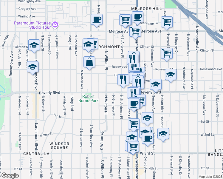map of restaurants, bars, coffee shops, grocery stores, and more near 4832 Oakwood Avenue in Los Angeles