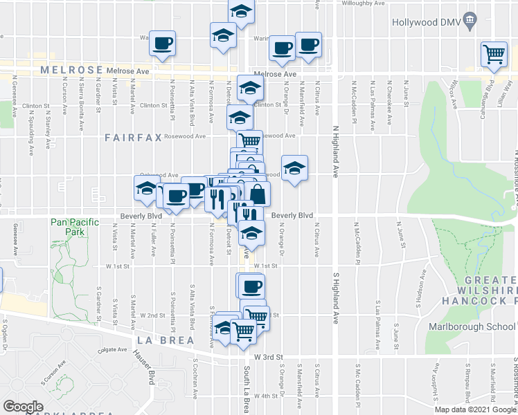 map of restaurants, bars, coffee shops, grocery stores, and more near 322 North La Brea Avenue in Los Angeles