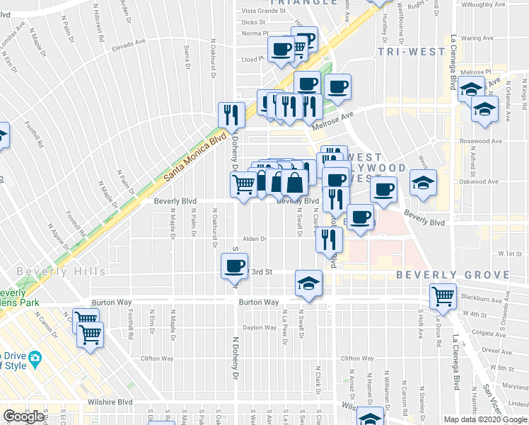 map of restaurants, bars, coffee shops, grocery stores, and more near 8950 Beverly Boulevard in West Hollywood