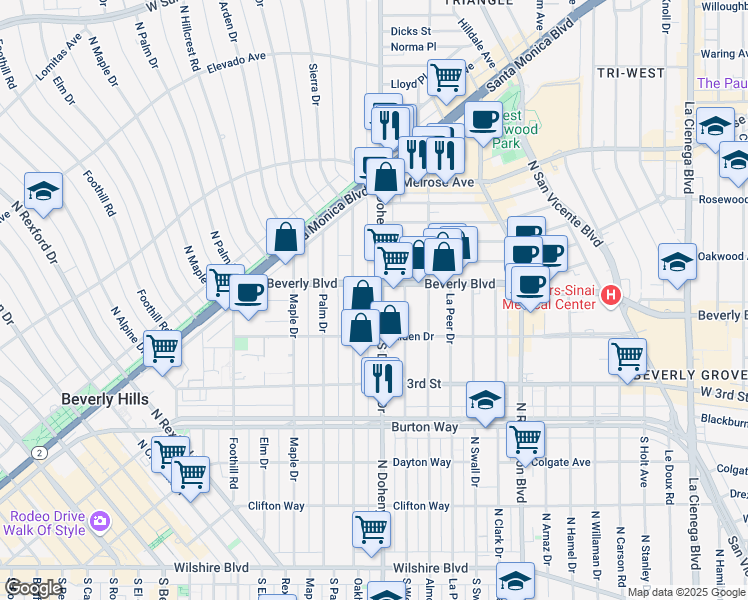 map of restaurants, bars, coffee shops, grocery stores, and more near 9134 Beverly Boulevard in Beverly Hills