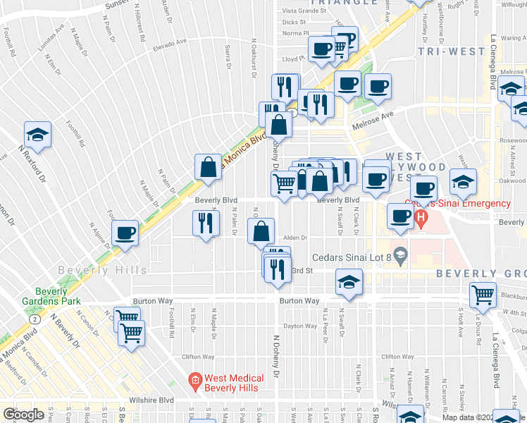 map of restaurants, bars, coffee shops, grocery stores, and more near 9134 Beverly Boulevard in Beverly Hills