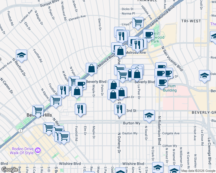 map of restaurants, bars, coffee shops, grocery stores, and more near 420 North Palm Drive in Beverly Hills