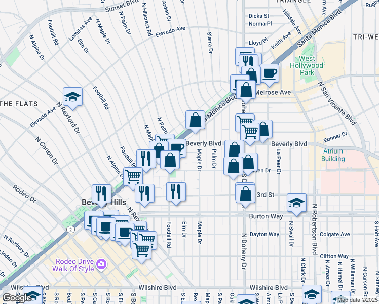 map of restaurants, bars, coffee shops, grocery stores, and more near 9296 Civic Center Drive in Beverly Hills