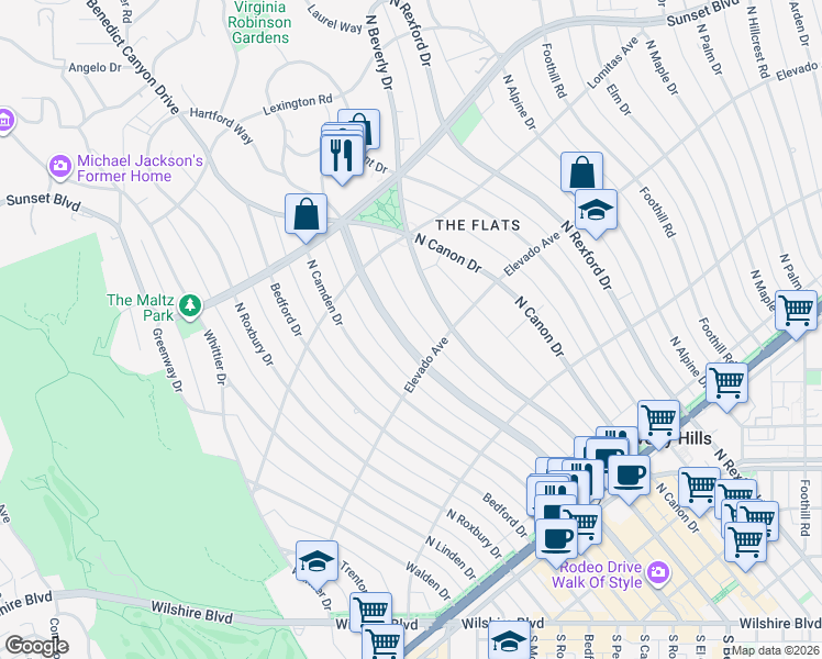 map of restaurants, bars, coffee shops, grocery stores, and more near 718 North Rodeo Drive in Beverly Hills