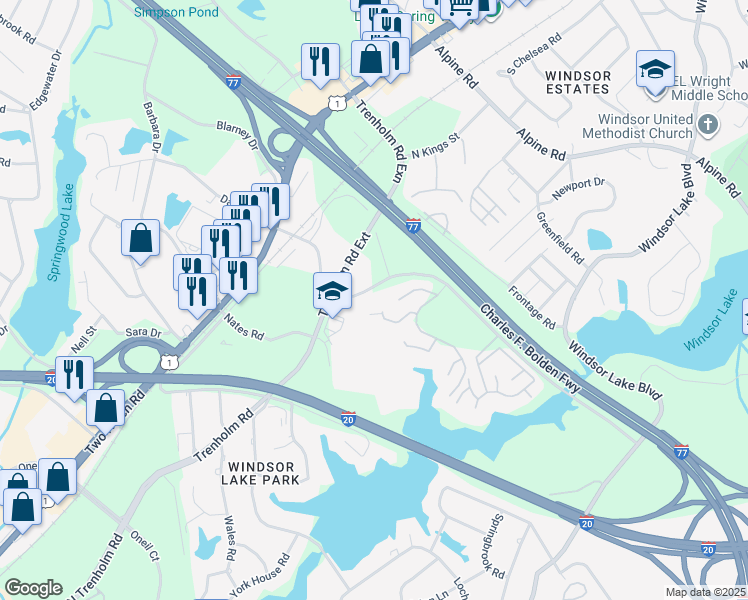 map of restaurants, bars, coffee shops, grocery stores, and more near 108 Oakcrest Drive in Columbia