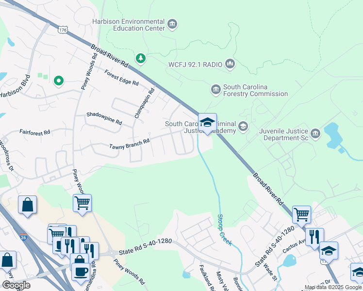 map of restaurants, bars, coffee shops, grocery stores, and more near 17 Hampton Oaks Place in Columbia