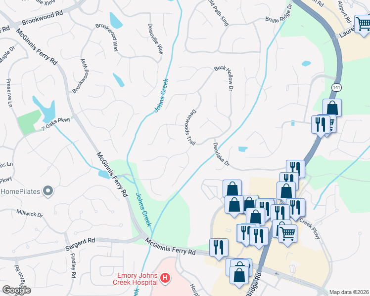 map of restaurants, bars, coffee shops, grocery stores, and more near 7115 Fawn Lake Drive in Alpharetta