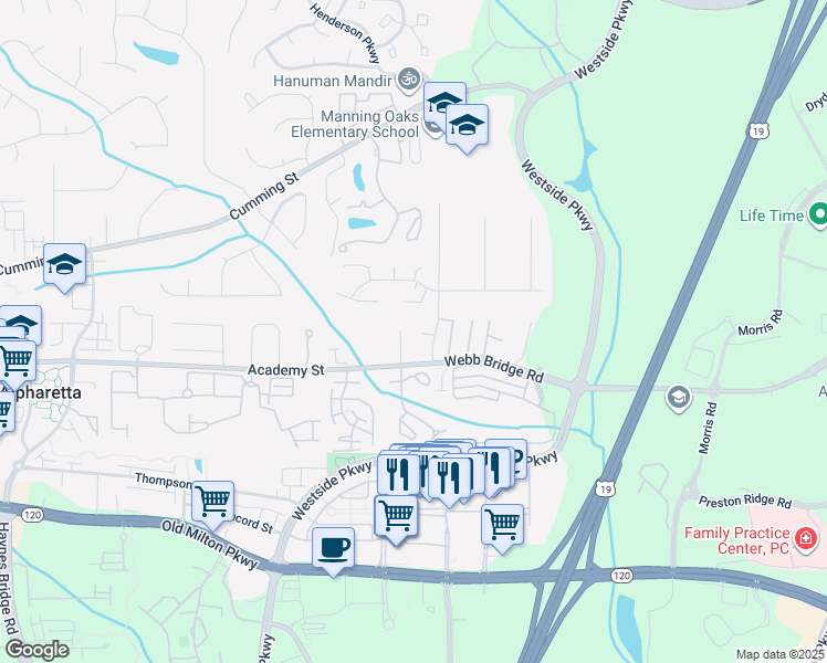 map of restaurants, bars, coffee shops, grocery stores, and more near 572 Wedgewood Drive in Alpharetta