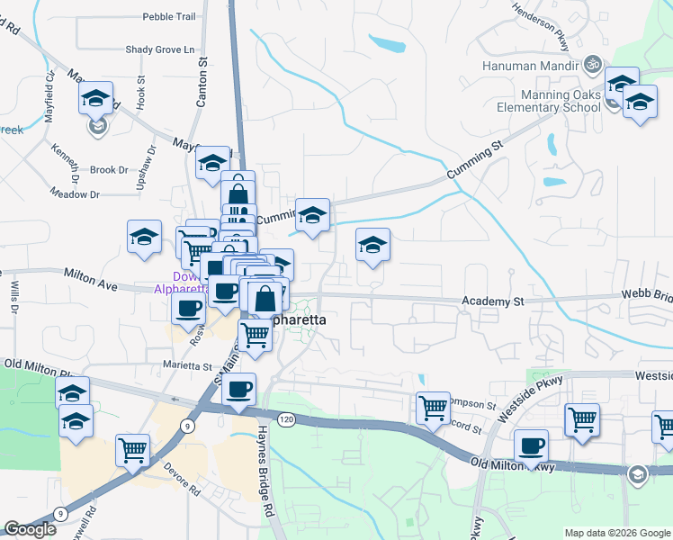 map of restaurants, bars, coffee shops, grocery stores, and more near 100 Martin Run in Alpharetta