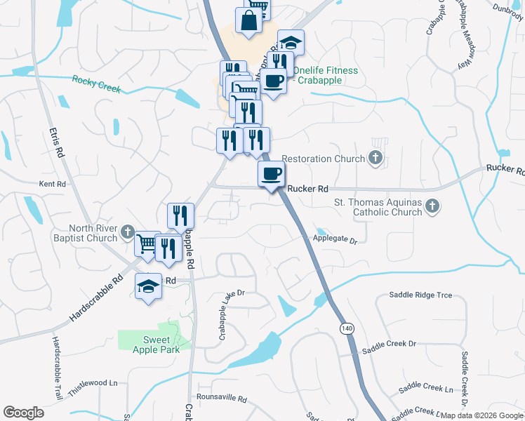 map of restaurants, bars, coffee shops, grocery stores, and more near 2247 Orchard Place in Roswell
