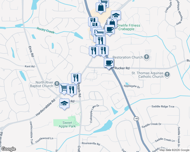 map of restaurants, bars, coffee shops, grocery stores, and more near 4499 Orchard Trce in Roswell
