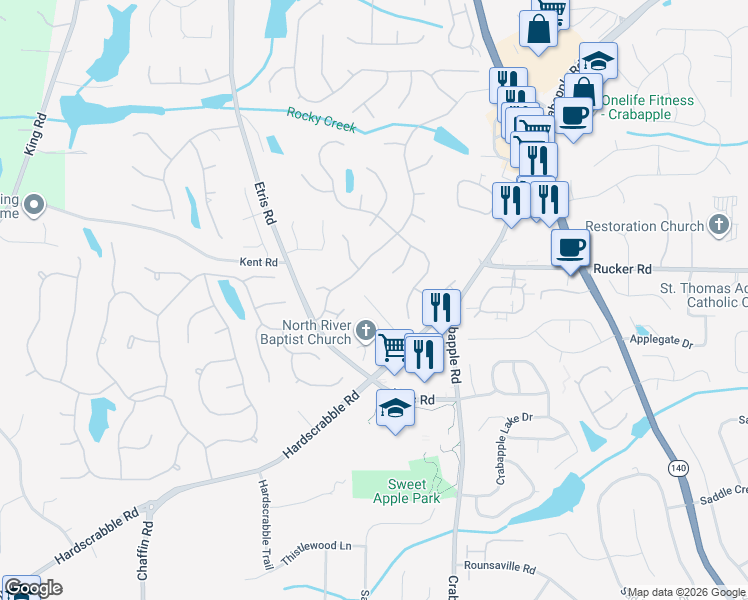 map of restaurants, bars, coffee shops, grocery stores, and more near 210 Hardscrabble Road in Roswell
