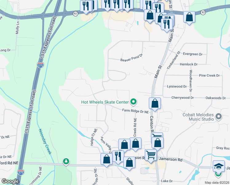 map of restaurants, bars, coffee shops, grocery stores, and more near 125 Ridgewood Drive in Woodstock