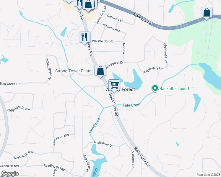 map of restaurants, bars, coffee shops, grocery stores, and more near Bells Ferry Road in Cherokee County