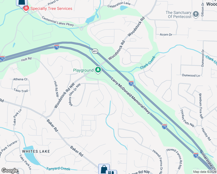 map of restaurants, bars, coffee shops, grocery stores, and more near 2574 Abbots Glen Drive Northwest in Acworth