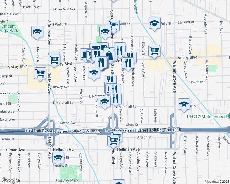 map of restaurants, bars, coffee shops, grocery stores, and more near 1806 South San Gabriel Boulevard in San Gabriel