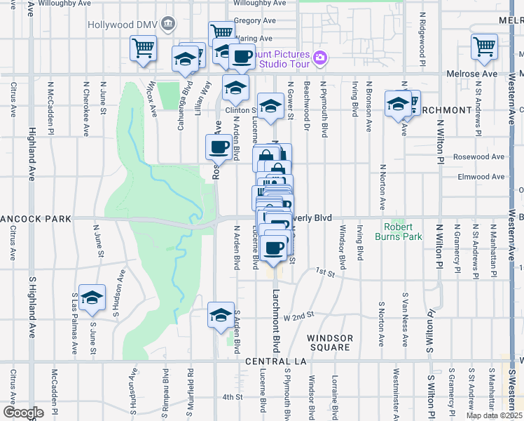 map of restaurants, bars, coffee shops, grocery stores, and more near 310 North Lucerne Boulevard in Los Angeles