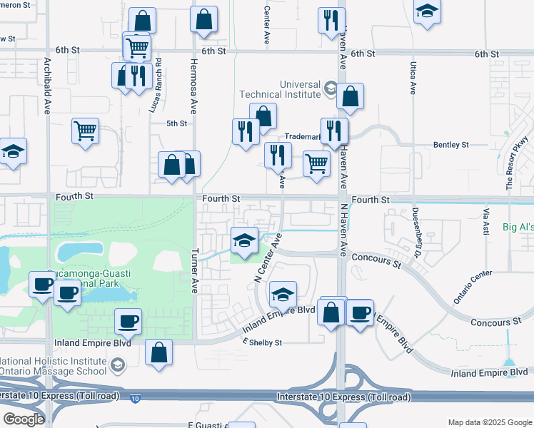 map of restaurants, bars, coffee shops, grocery stores, and more near 1005 North Center Avenue in Ontario