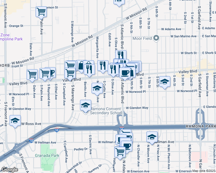 map of restaurants, bars, coffee shops, grocery stores, and more near 1510 South Curtis Avenue in Alhambra