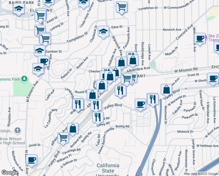 map of restaurants, bars, coffee shops, grocery stores, and more near 5391 Alhambra Avenue in Los Angeles