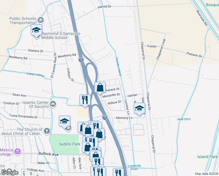 map of restaurants, bars, coffee shops, grocery stores, and more near 215 Tamarack Street in Socorro