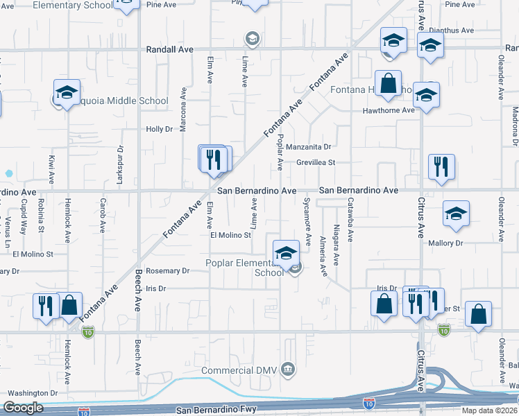 map of restaurants, bars, coffee shops, grocery stores, and more near 9733 Eugenia Avenue in Fontana