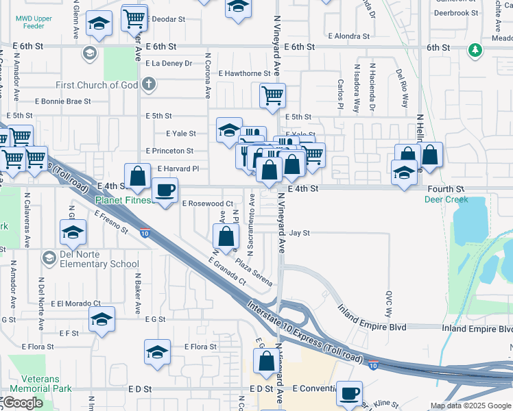 map of restaurants, bars, coffee shops, grocery stores, and more near 1864 East 4th Street in Ontario