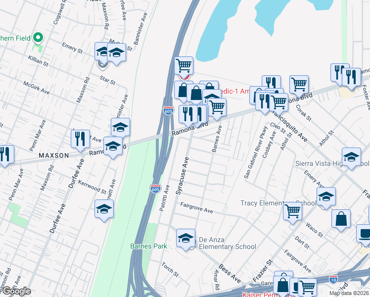 map of restaurants, bars, coffee shops, grocery stores, and more near 3617 Syracuse Avenue in Baldwin Park