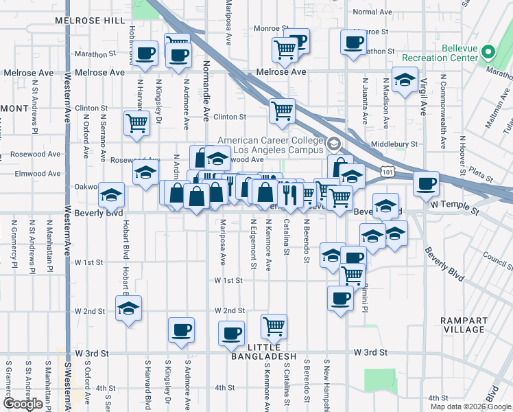 map of restaurants, bars, coffee shops, grocery stores, and more near 321 North Kenmore Avenue in Los Angeles